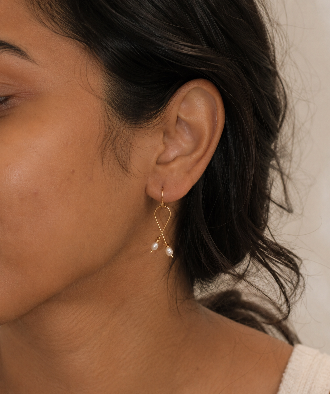 Handmade Gold Wire Wishbone Pearl Drop Earrings