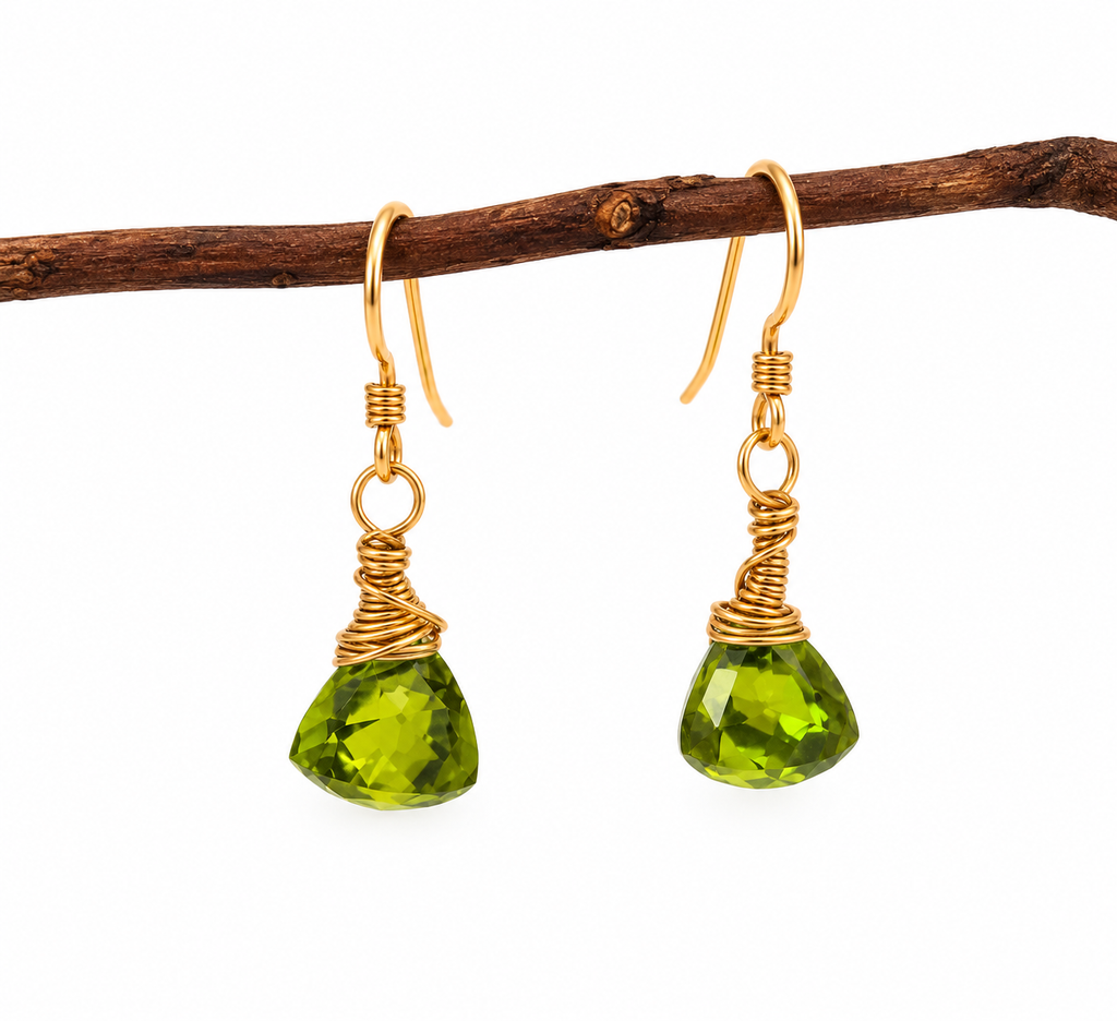 Faceted Green Quartz Trillion Drop Earrings – Handcrafted Gold-Filled Wire Wrap