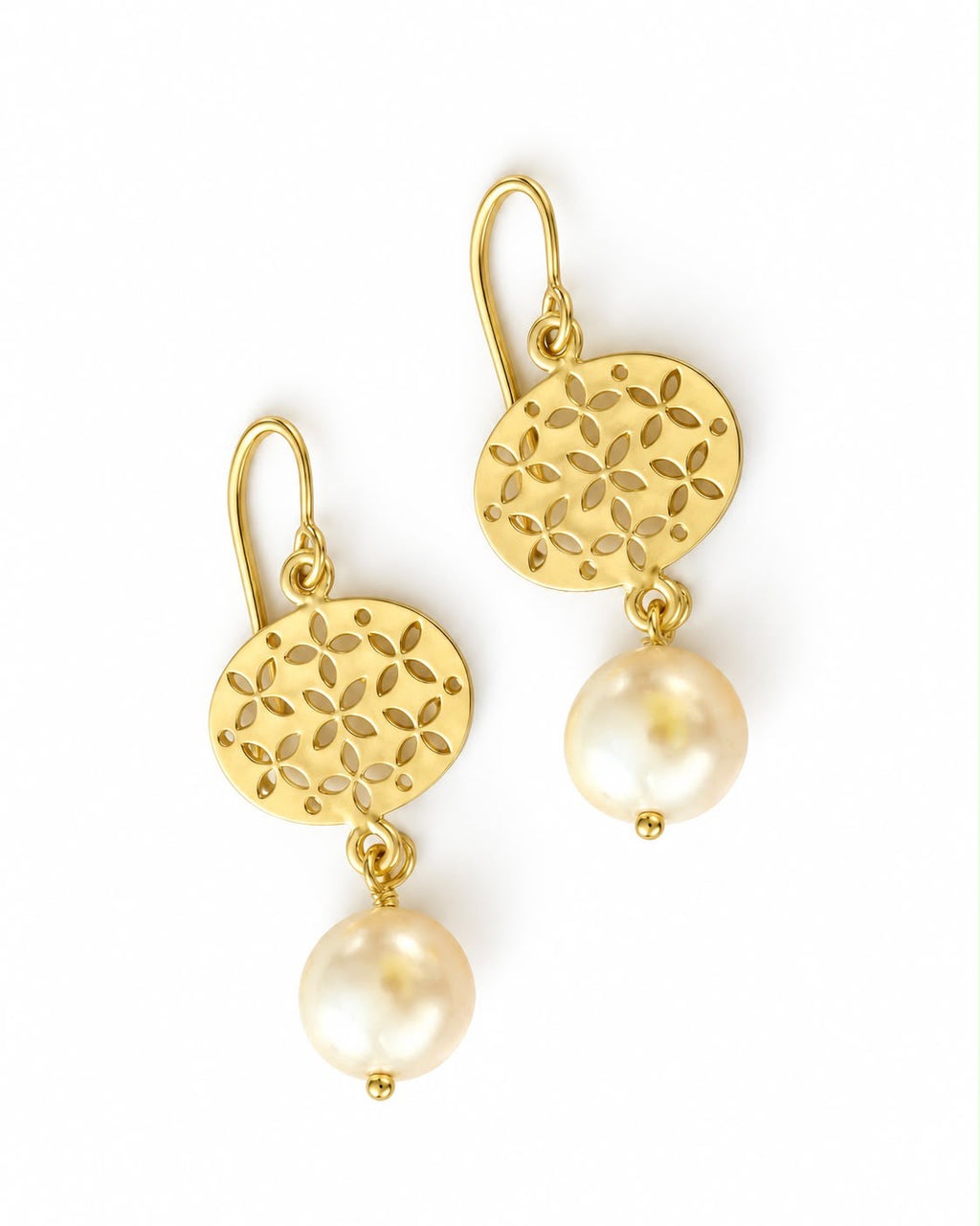 Gold Pearl Drop Earrings – Floral Connector Dangles