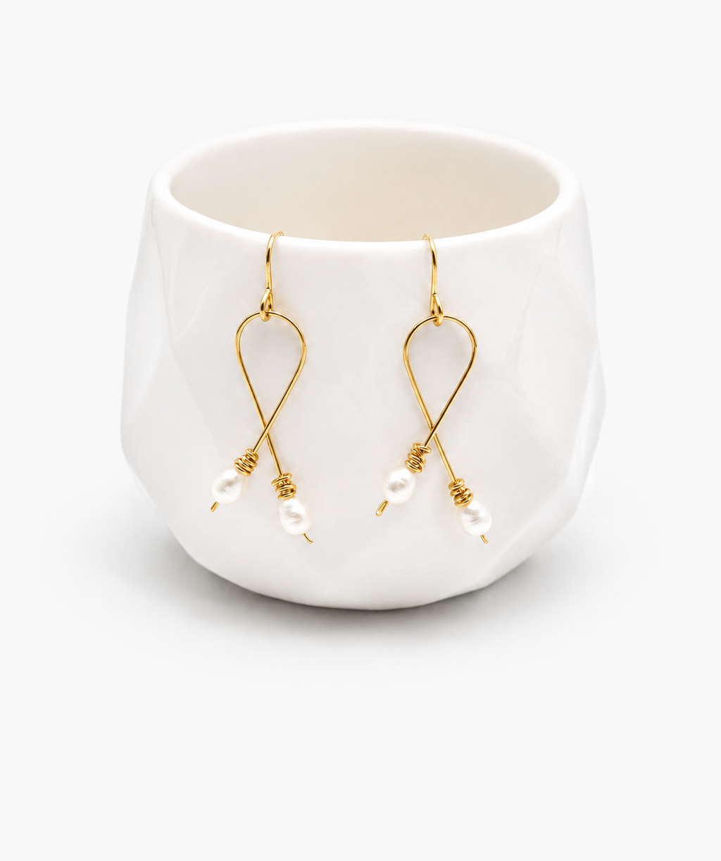 Handmade Gold Wire Wishbone Pearl Drop Earrings