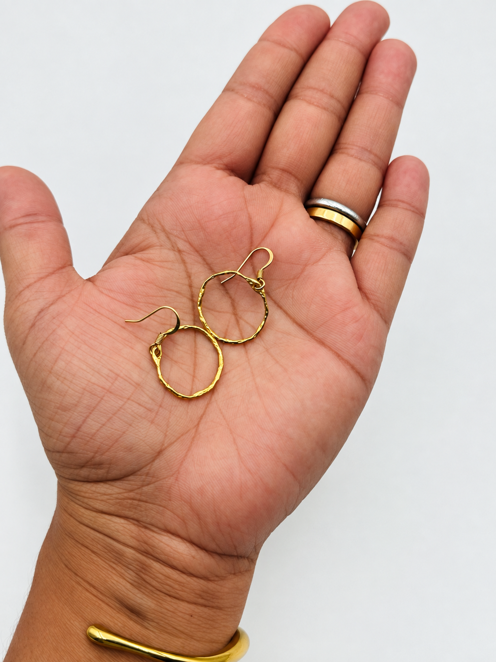 Handmade Organic Brass Circle Earrings with Gold-Plated Wires