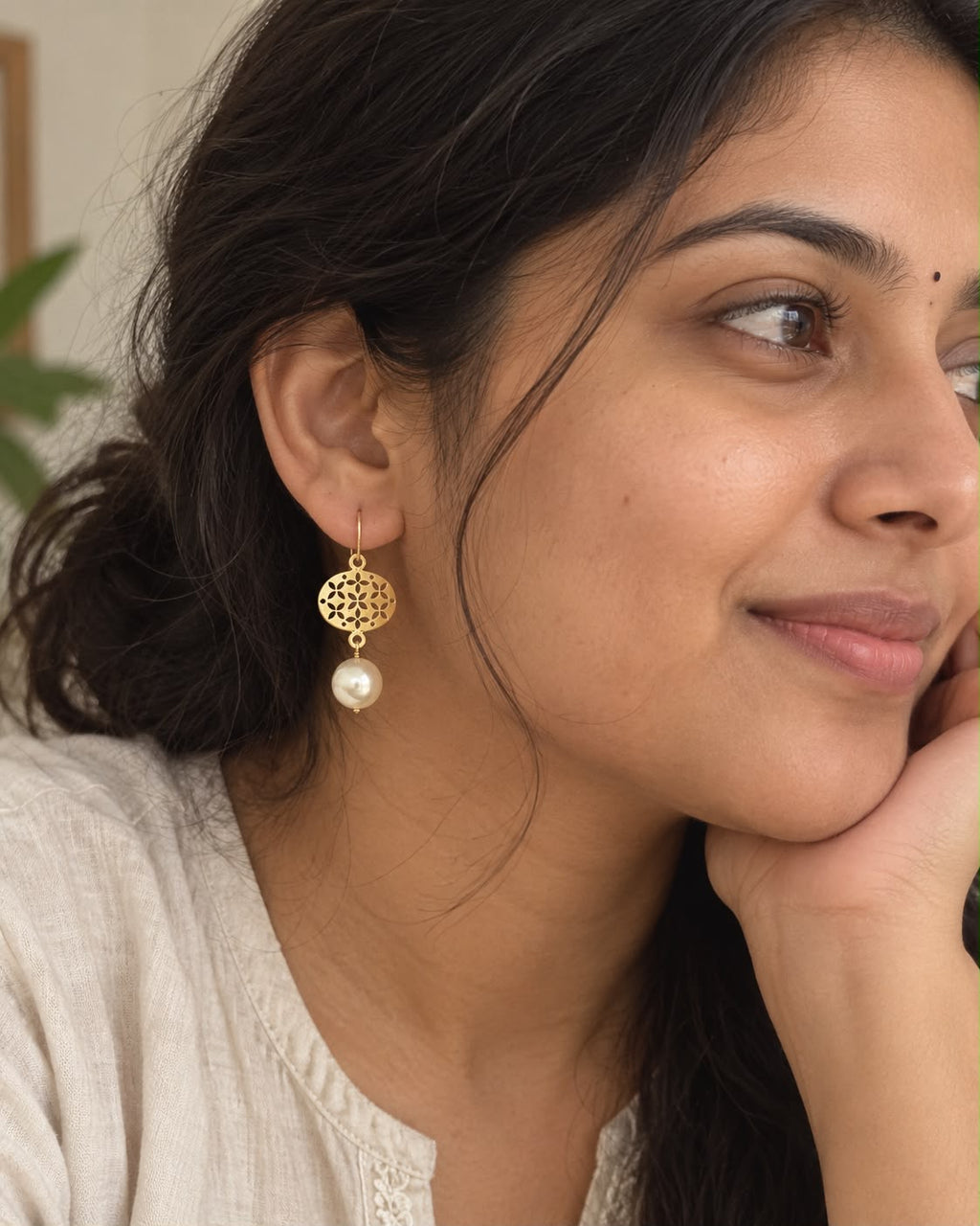 Gold Pearl Drop Earrings – Floral Connector Dangles