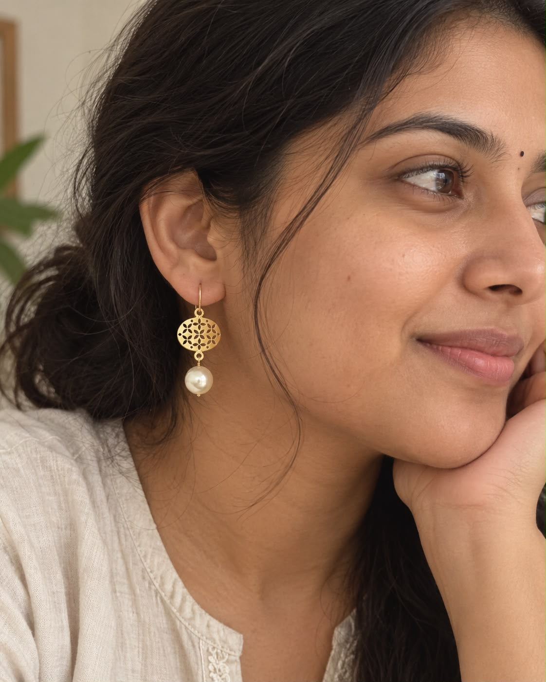 Gold Pearl Drop Earrings – Floral Connector Dangles
