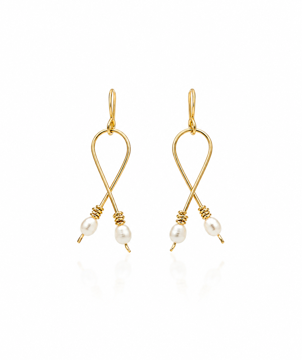 Handmade Gold Wire Wishbone Pearl Drop Earrings