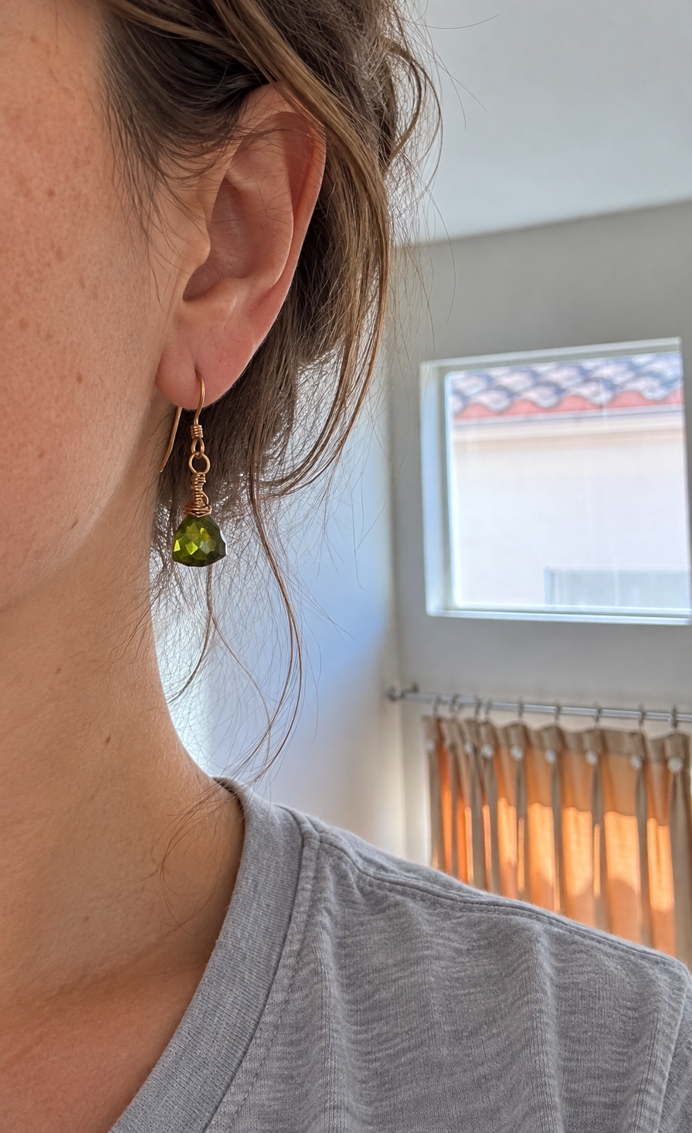 Faceted Green Quartz Trillion Drop Earrings – Handcrafted Gold-Filled Wire Wrap