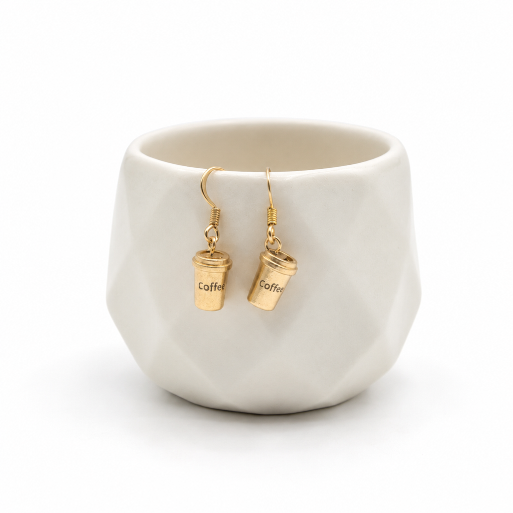 Handmade Matte Gold Coffee Cup Earrings – Lightweight Dangles