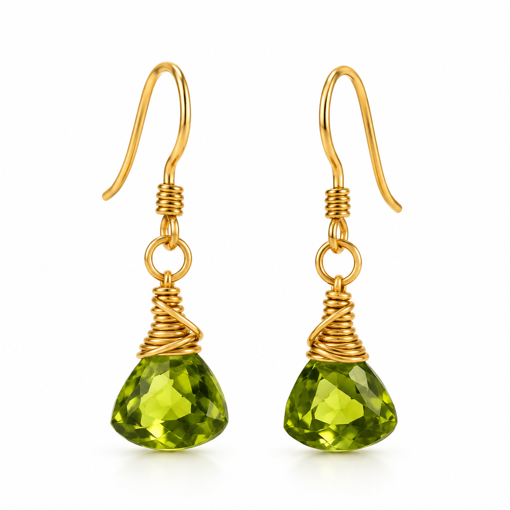 Faceted Green Quartz Trillion Drop Earrings – Handcrafted Gold-Filled Wire Wrap