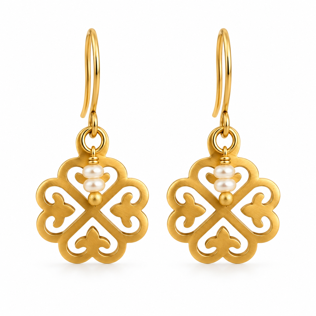 Brushed Gold Clover Earrings with Tiny Pearls, 14K Gold Filled Ear Wires