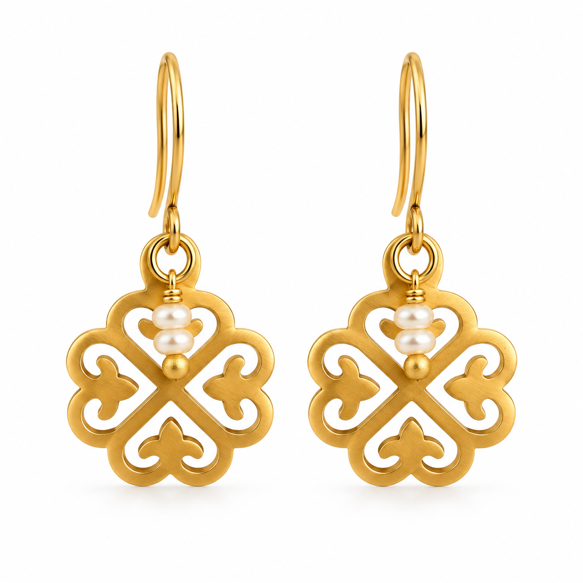 Brushed Gold Clover Earrings with Tiny Pearls, 14K Gold Filled Ear Wires