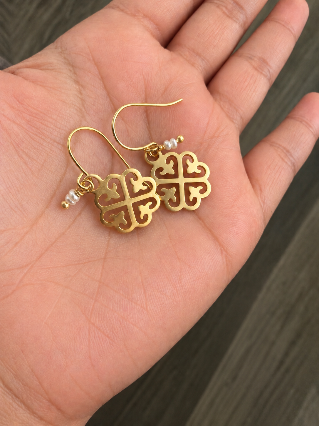 Brushed Gold Clover Earrings with Tiny Pearls, 14K Gold Filled Ear Wires
