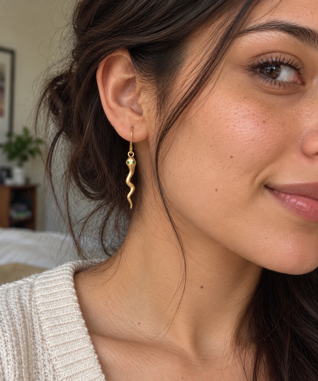 Gold Snake Earrings with Green CZ Eyes | Minimal Serpent Dangle Earrings