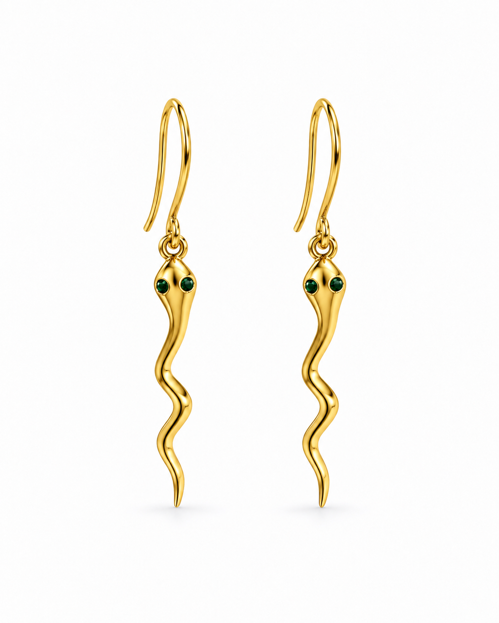 Gold Snake Earrings with Green CZ Eyes | Minimal Serpent Dangle Earrings