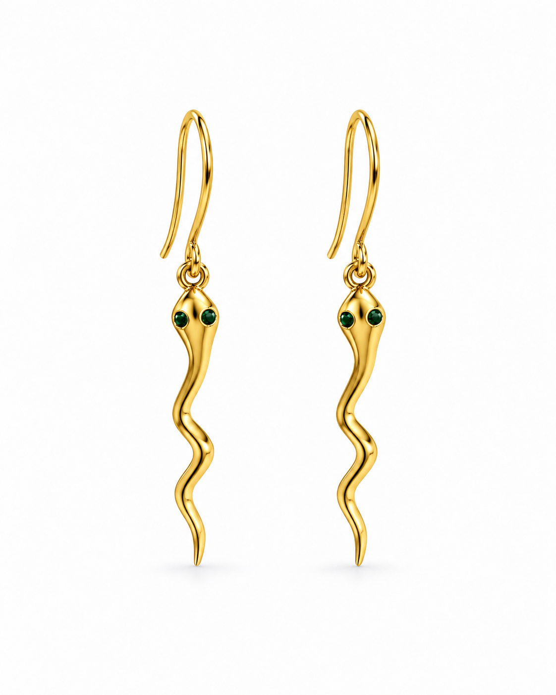 Gold Snake Earrings with Green CZ Eyes | Minimal Serpent Dangle Earrings