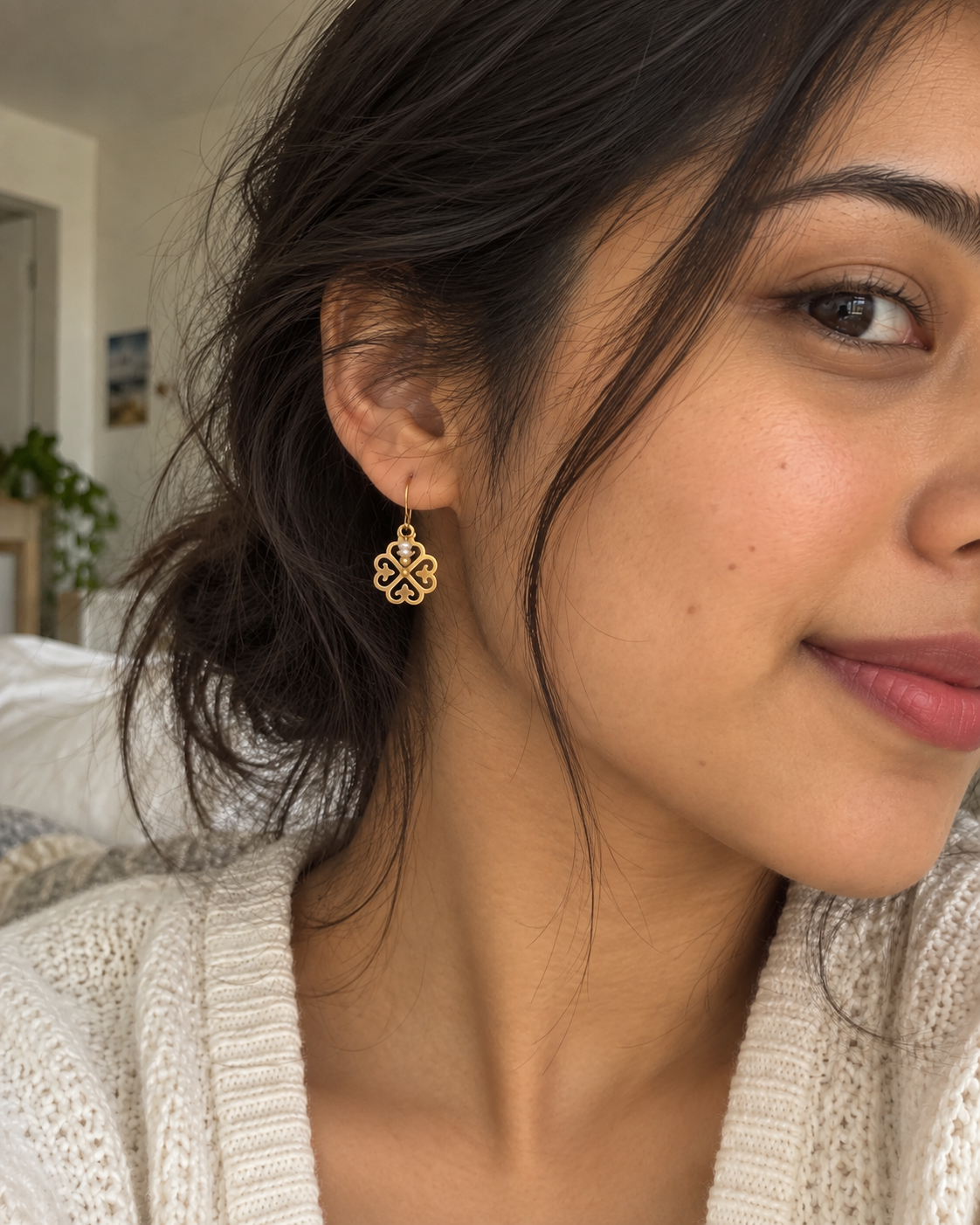 Brushed Gold Clover Earrings with Tiny Pearls, 14K Gold Filled Ear Wires
