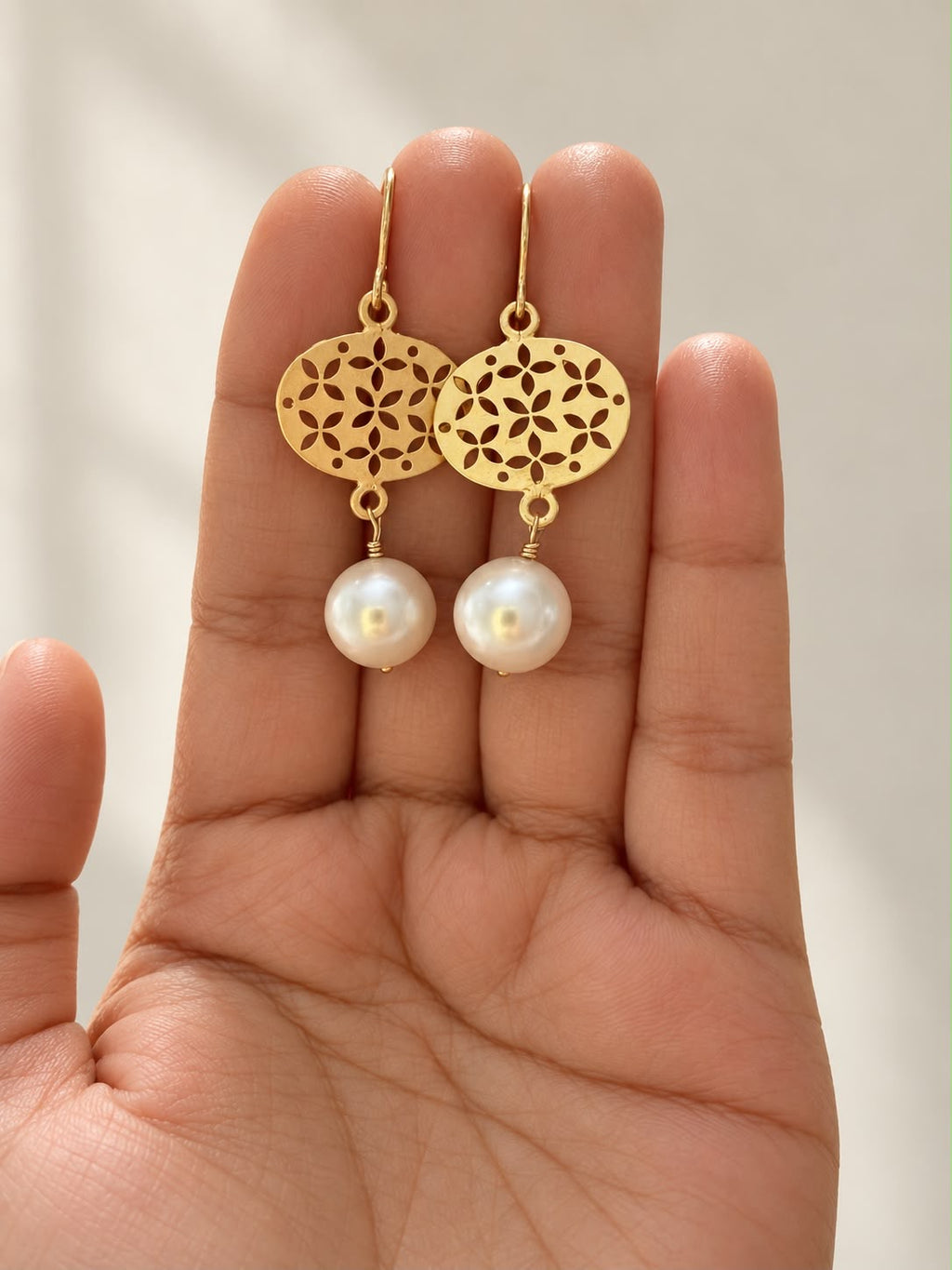 Gold Pearl Drop Earrings – Floral Connector Dangles